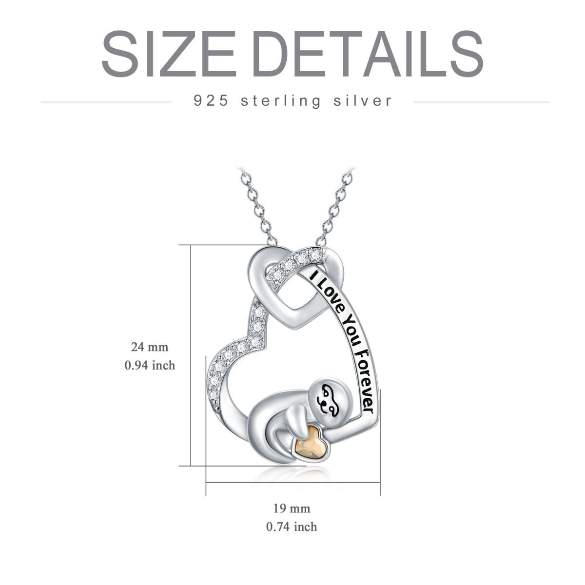 Collar con colgante de corazón de perezoso de cristal de plata de ley con piedra natal grabada para mujer-5