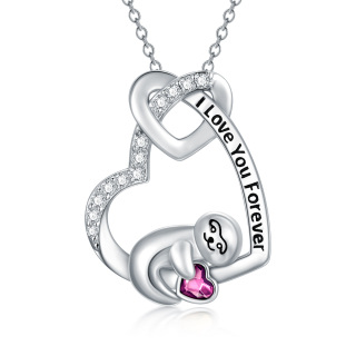 Sterling Silver Crystal Sloth Heart Pendant Engraving Birthstone Necklace For Women-54