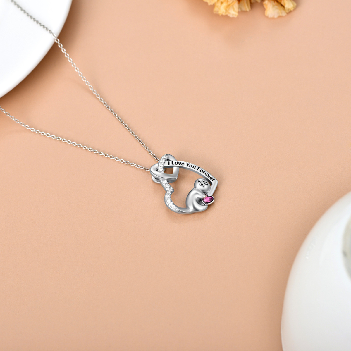 Pingente de coração de preguiça de cristal de prata esterlina gravura colar de pedra de aniversário para mulheres-3