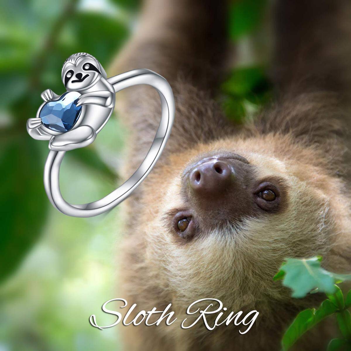 Sterling Silver Heart Shaped Crystal Sloth Ring-5