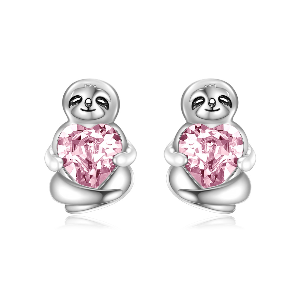 Sterling Silver Heart Shaped Crystal Sloth Stud Earrings-1