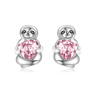 Sterling Silver Heart Shaped Crystal Sloth Stud Earrings-16