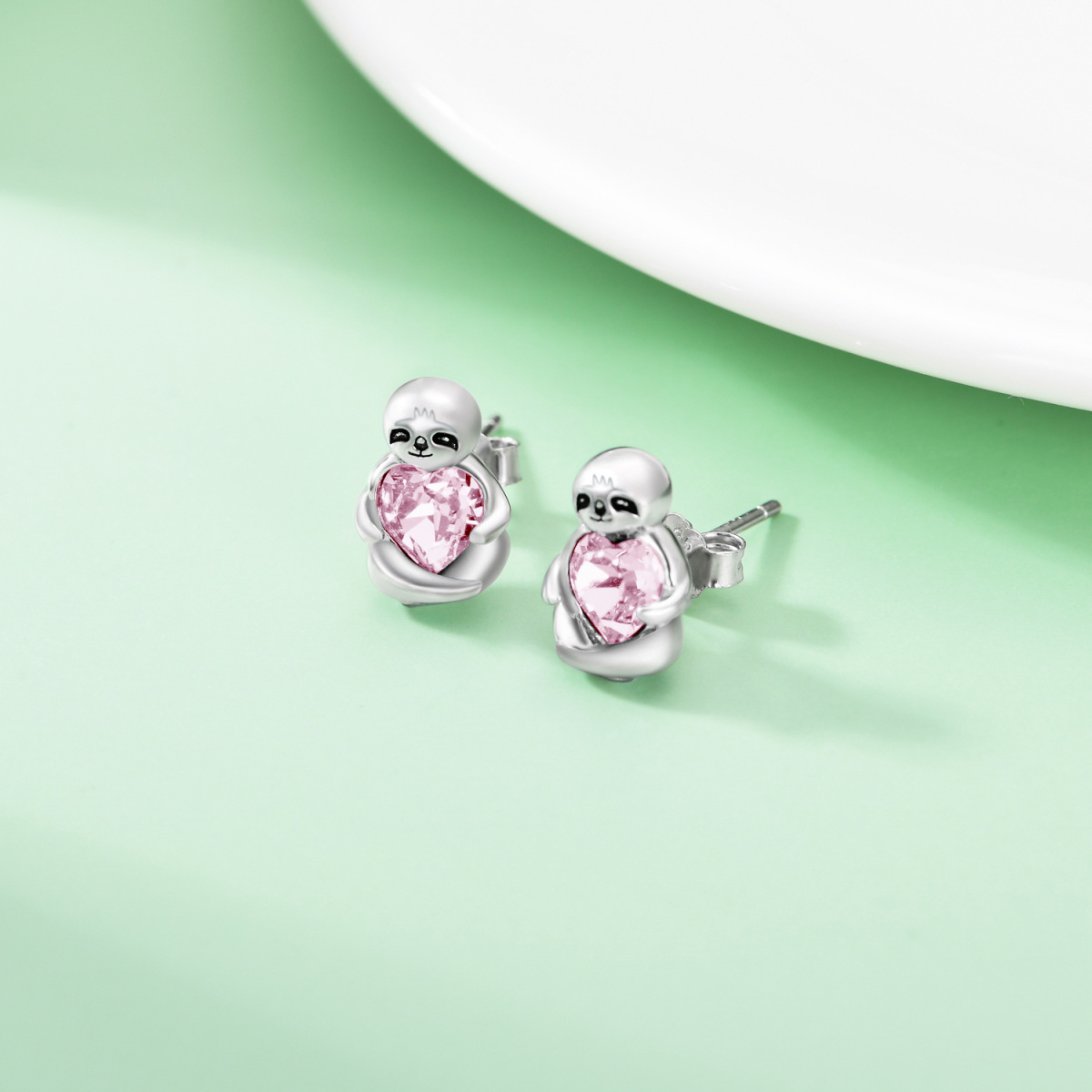Sterling Silver Heart Shaped Crystal Sloth Stud Earrings-3