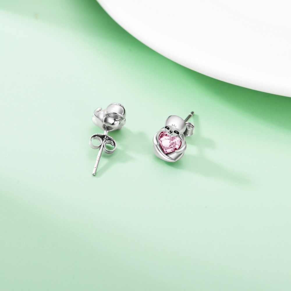 Sterling Silver Heart Shaped Crystal Sloth Stud Earrings-4