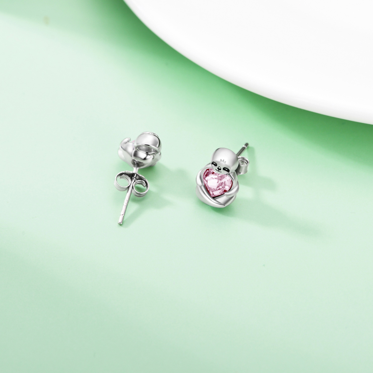 Sterling Silver Heart Shaped Crystal Sloth Stud Earrings-4