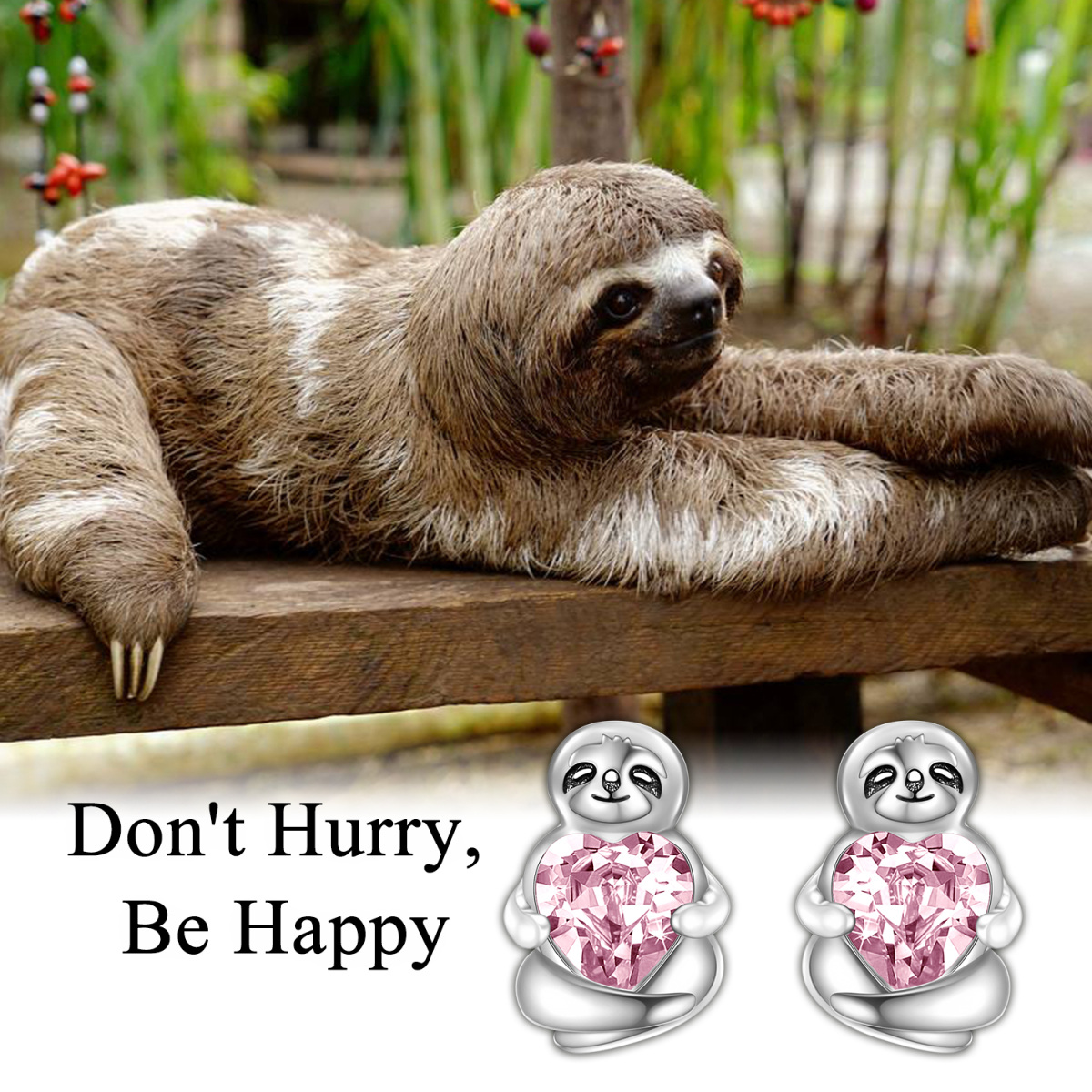 Sterling Silver Heart Shaped Crystal Sloth Stud Earrings-5