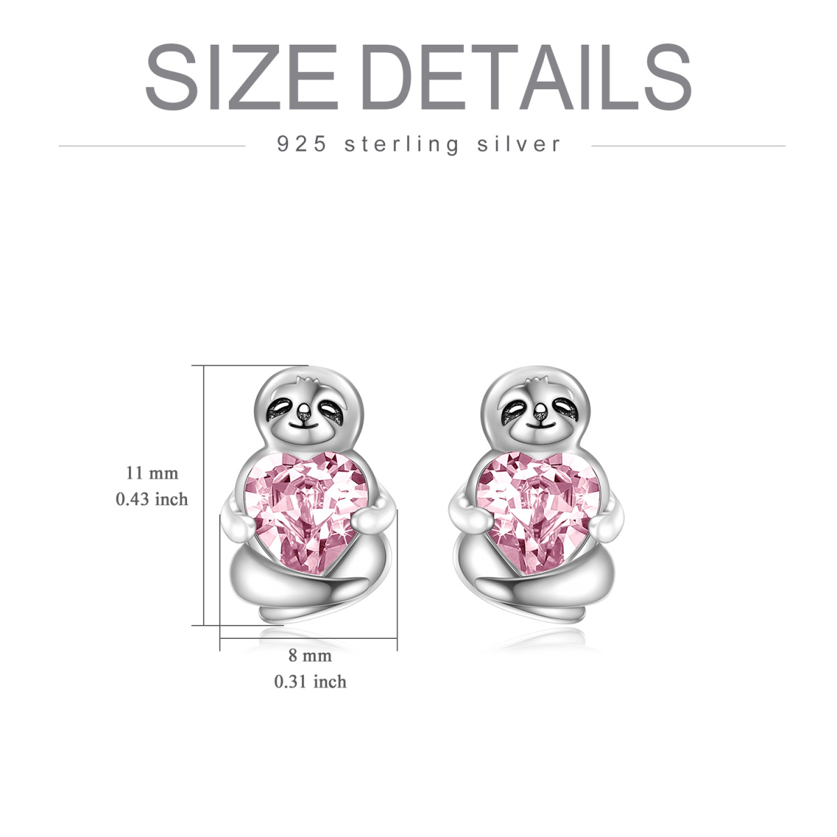 Sterling Silver Heart Shaped Crystal Sloth Stud Earrings-6
