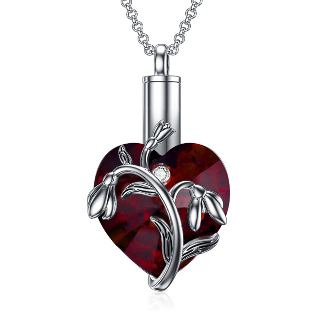 Collana d'argento a forma di cuore con bucaneve e urna a forma di cuore per le ceneri-1