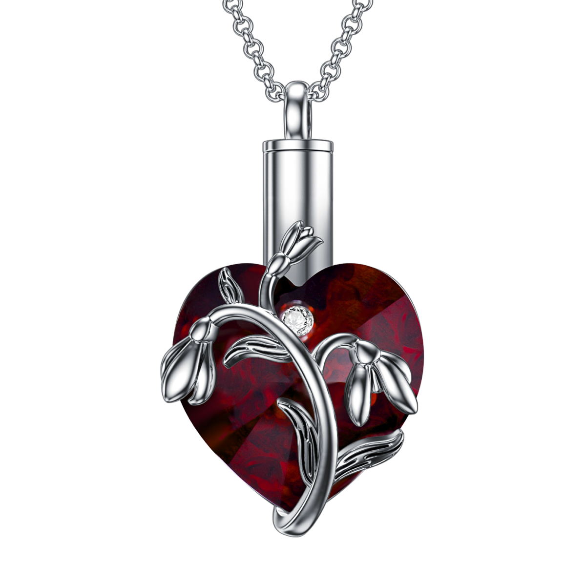 Sterling Silver Heart Shaped Crystal Snowdrop & Heart Urn Necklace for Ashes-3