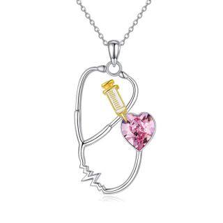 Sterling Silver Heart Shaped Crystal Stethoscope Pendant Necklace-38