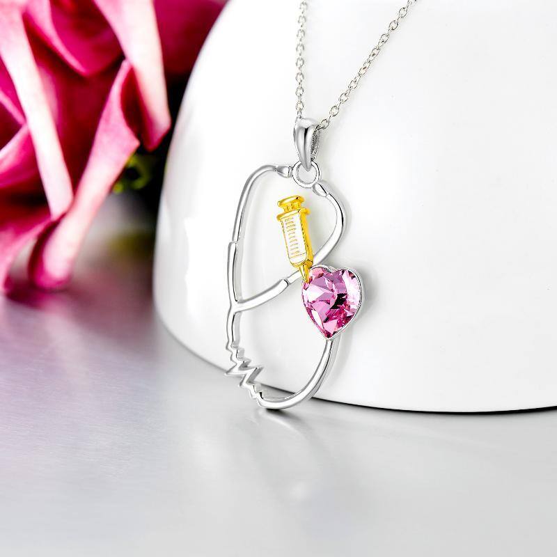 Sterling Silver Heart Shaped Crystal Stethoscope Pendant Necklace-3