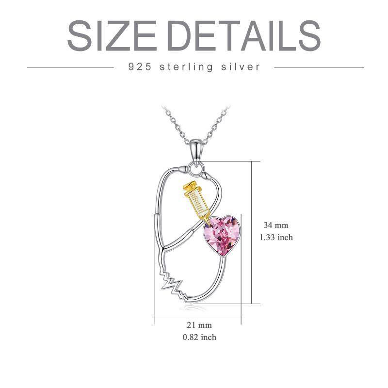 Sterling Silver Heart Shaped Crystal Stethoscope Pendant Necklace-4