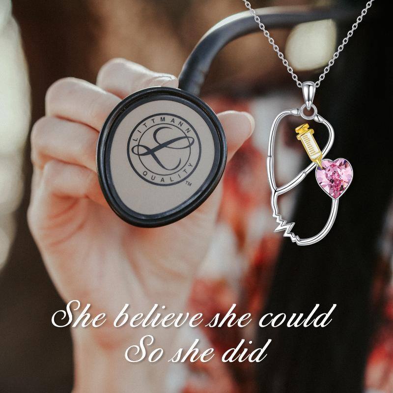 Sterling Silver Heart Shaped Crystal Stethoscope Pendant Necklace-5