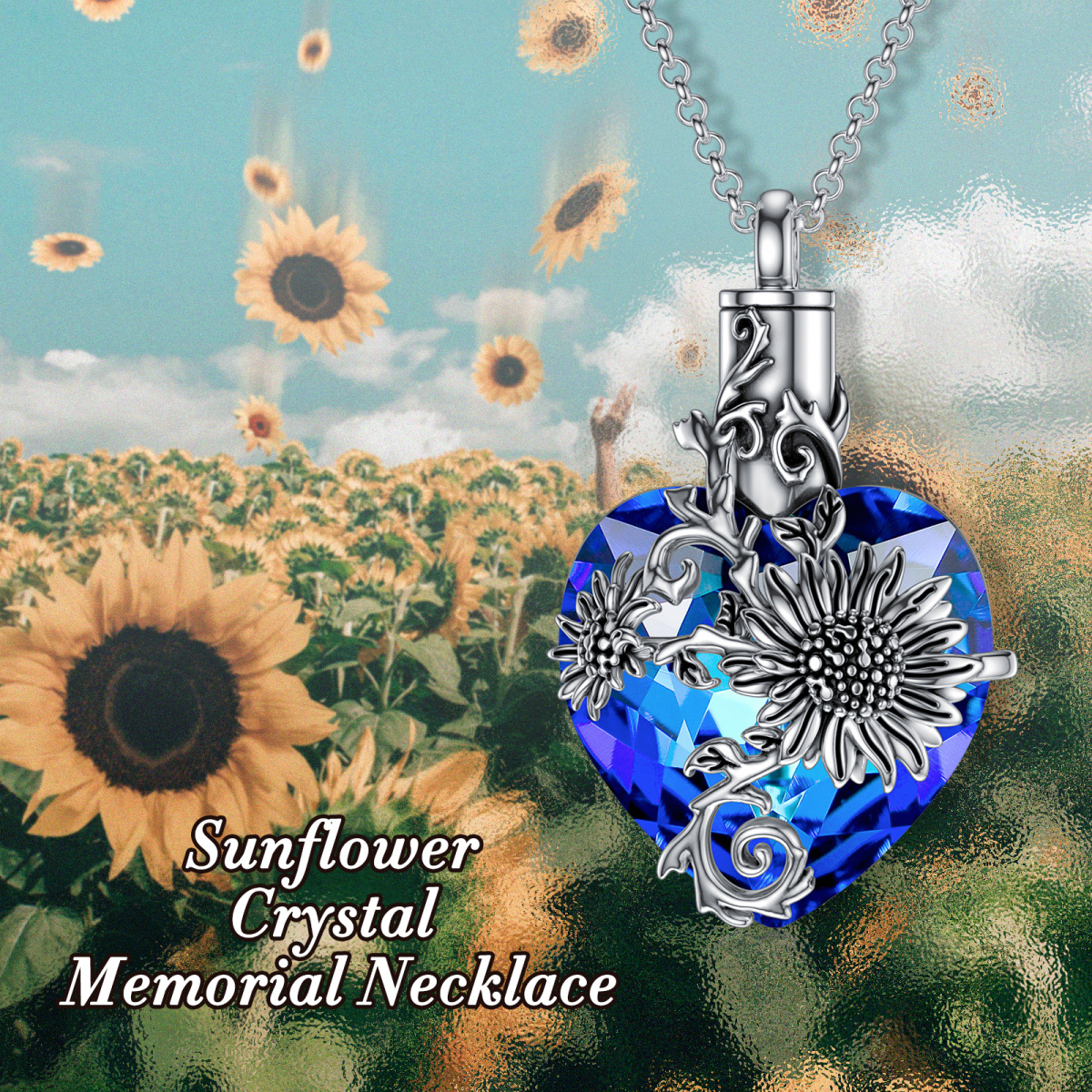 Collana con ciondolo a forma di cuore e girasole in cristallo in argento sterling-6