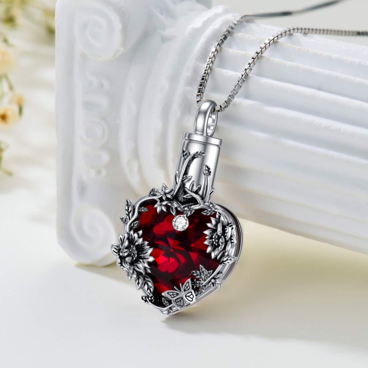 Sterling Silver Heart Crystal Sunflower Urn Necklace For Ashes-3