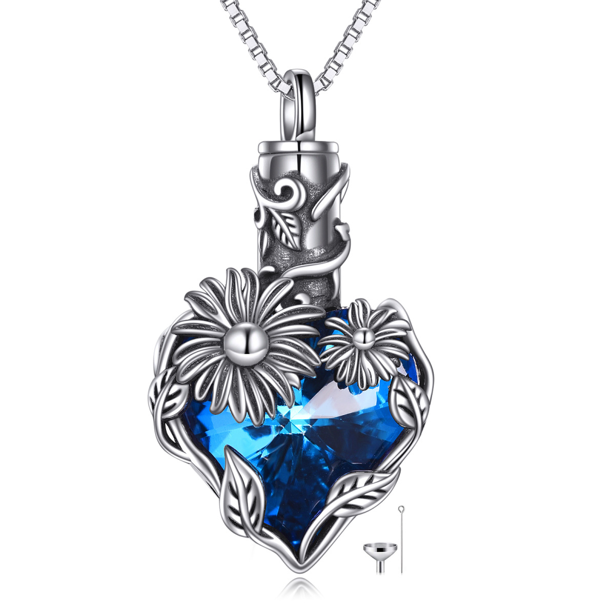 Sterling Silver Blue Crystal Sunflower Urn Necklace For Ashes Memorial Cremation Jewelry-1