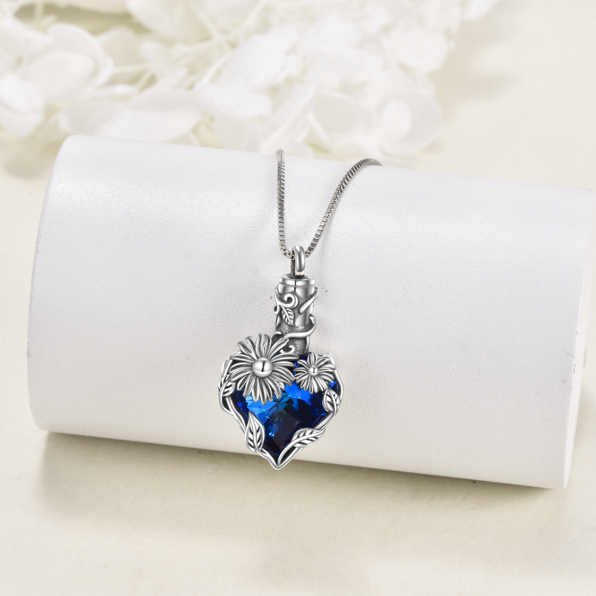 Sterling Silver Blue Crystal Sunflower Urn Necklace For Ashes Memorial Cremation Jewelry-3