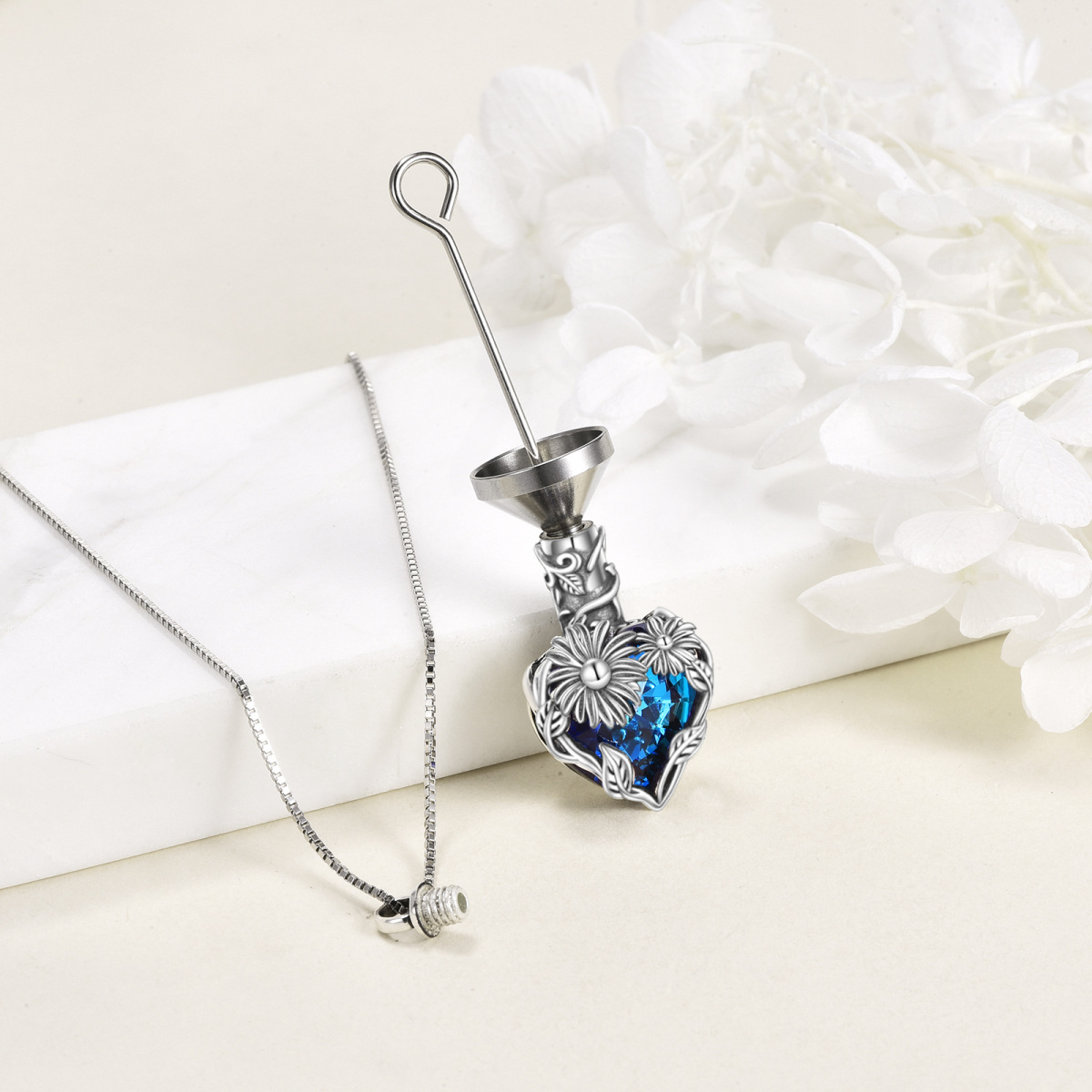 Sterling Silver Blue Crystal Sunflower Urn Necklace For Ashes Memorial Cremation Jewelry-4