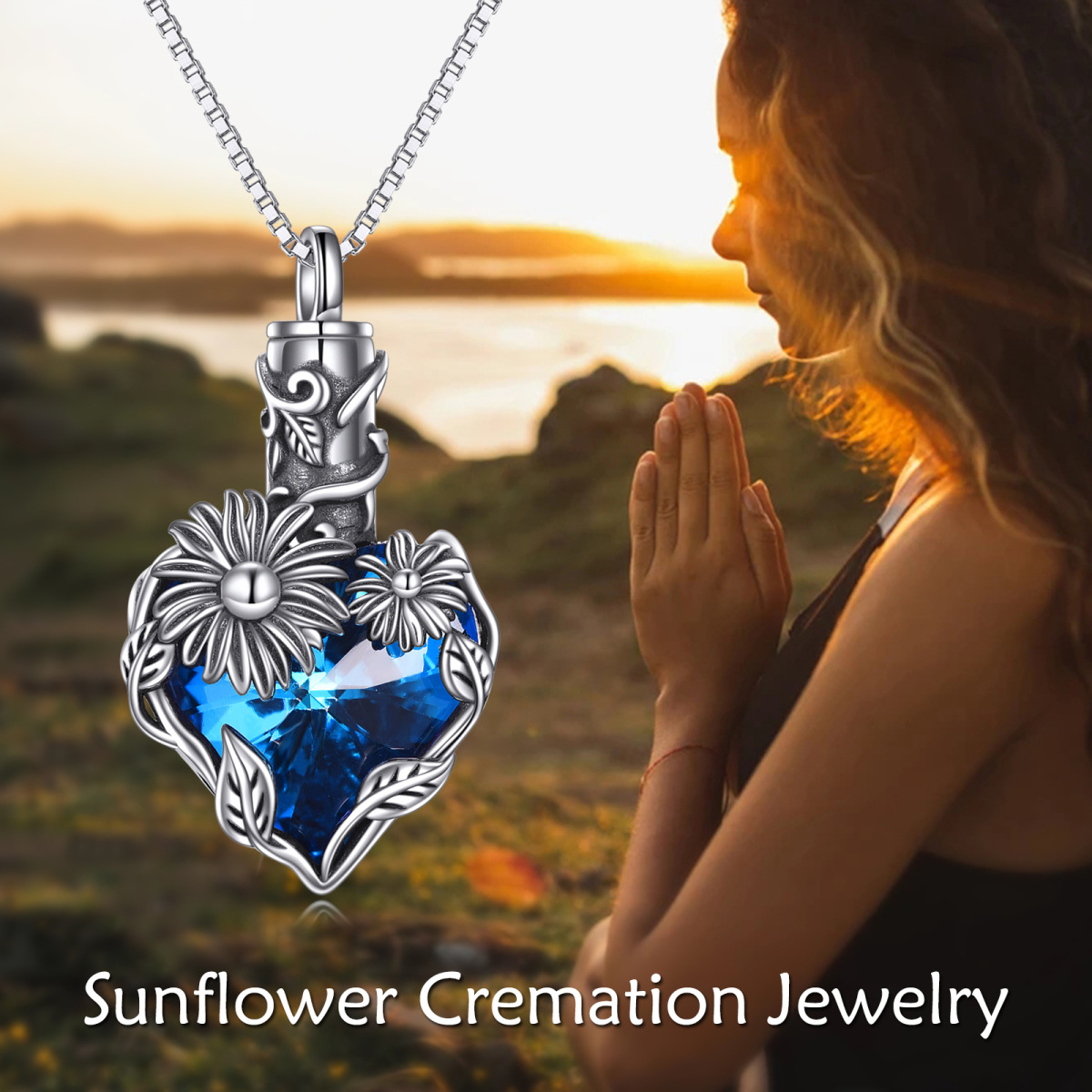 Collier d'urne de tournesol en cristal bleu en argent sterling pour bijoux de crémation commémorative de cendres-6