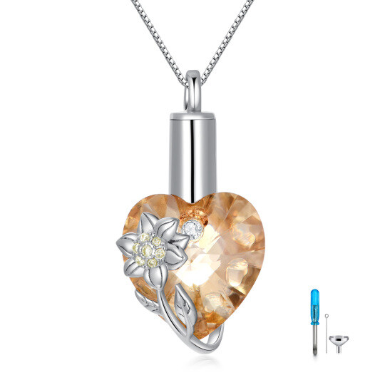 Sterling Silver Heart Shaped Crystal Sunflower & Heart Urn Necklace for Ashes