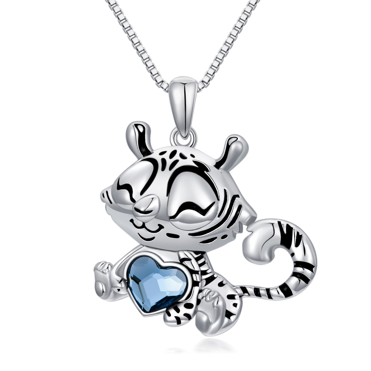 Sterling Silver Heart Shaped Crystal Tiger & Heart Pendant Necklace-1