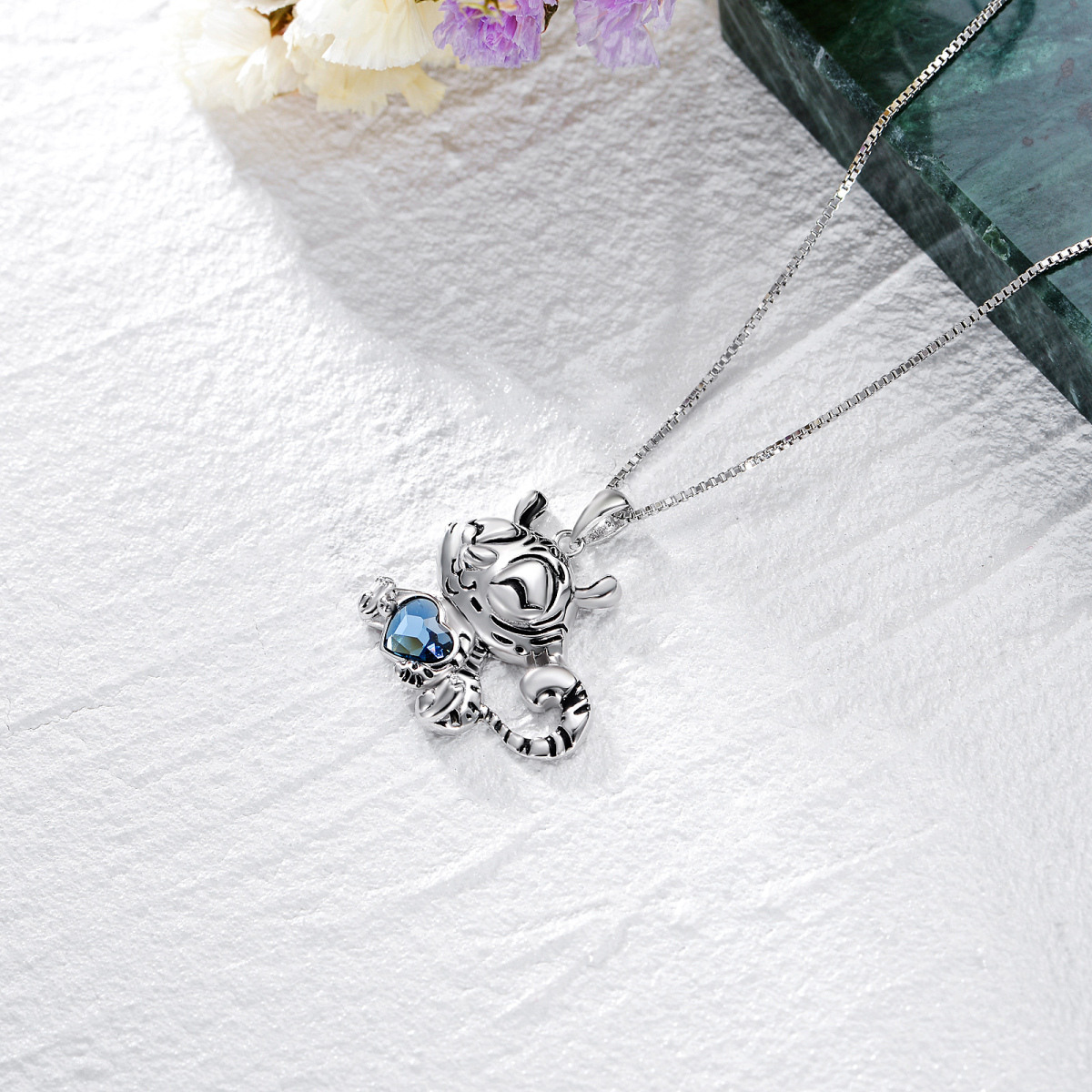 Sterling Silver Blue Heart Crystal Tiger Pendant Necklace For Women-4