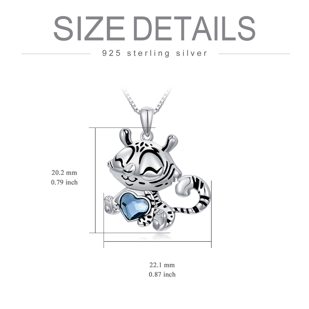 Sterling Silver Blue Heart Crystal Tiger Pendant Necklace For Women-5