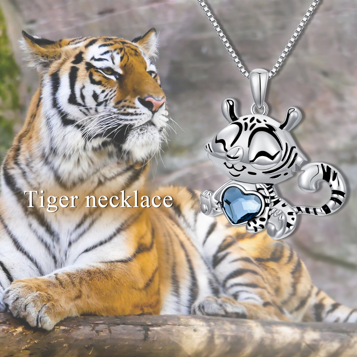 Sterling Silver Blue Heart Crystal Tiger Pendant Necklace For Women-6