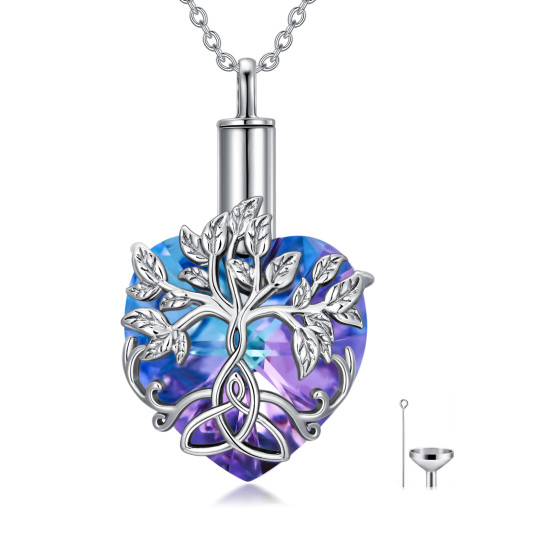 Plata de ley en forma de corazón de cristal Árbol de la Vida y Celtic Nudo Urna Collar par