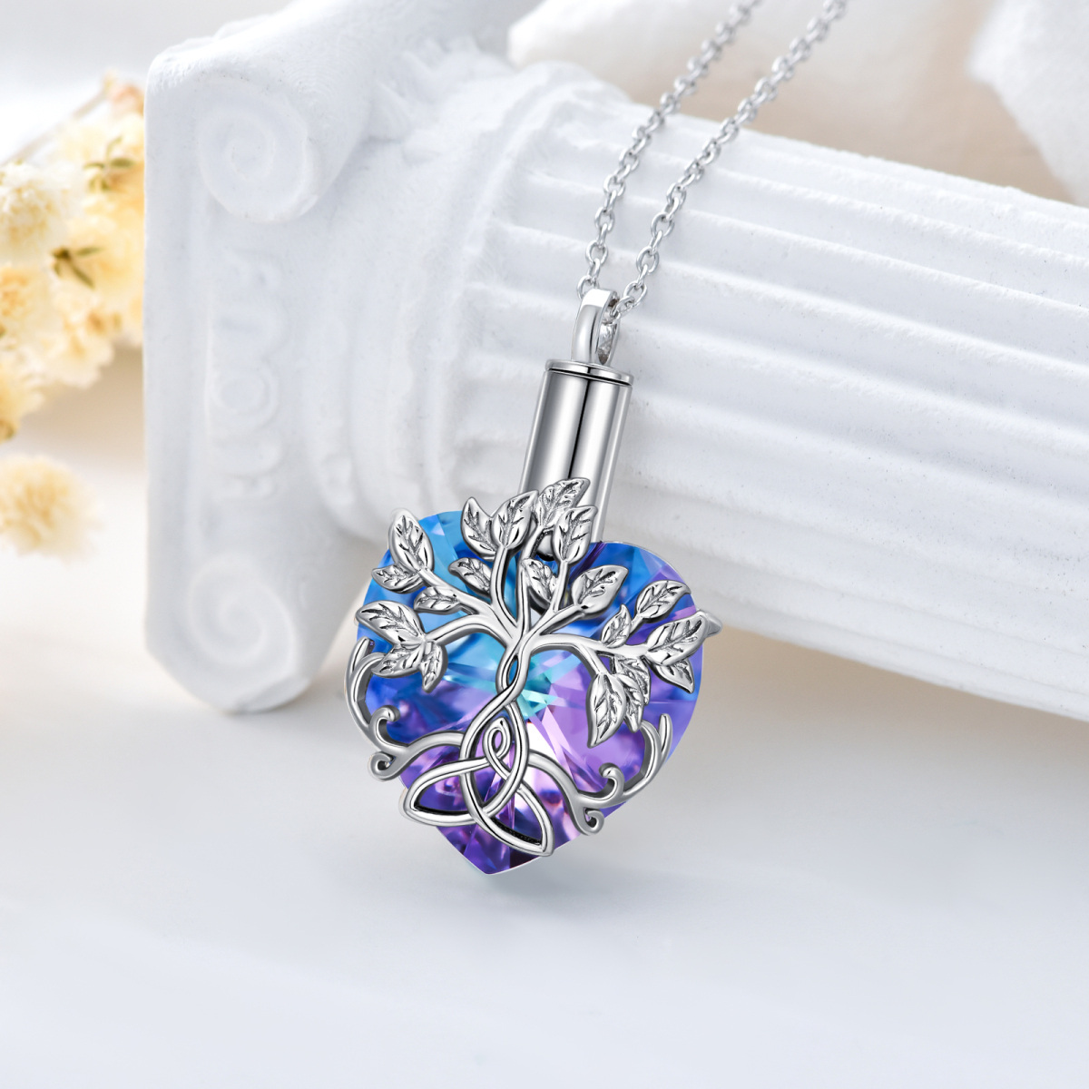 Sterling Silver Heart Shaped Crystal Tree Of Life & Celtic Knot Urn Necklace for Ashes-3