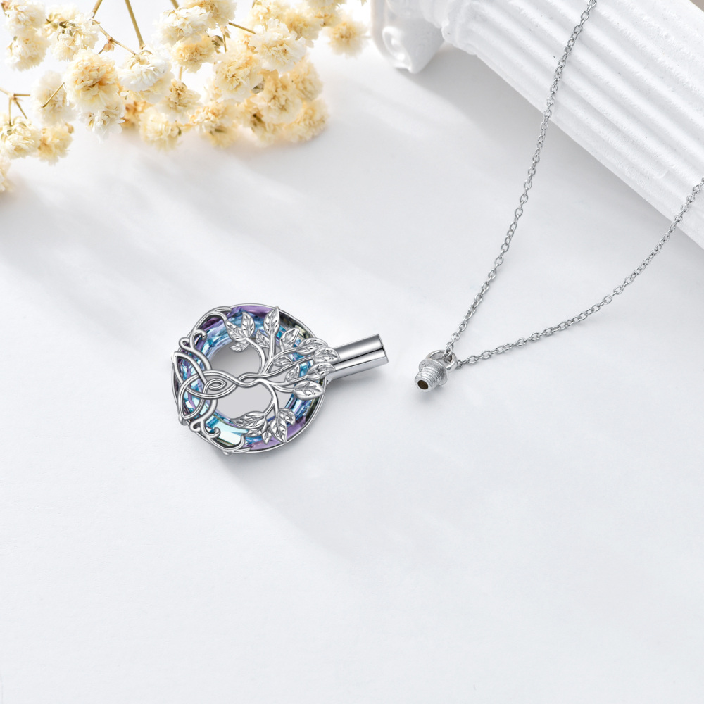 Collar de urna para cenizas con nudo celta del árbol de la vida de cristal en forma de corazón de plata esterlina-3