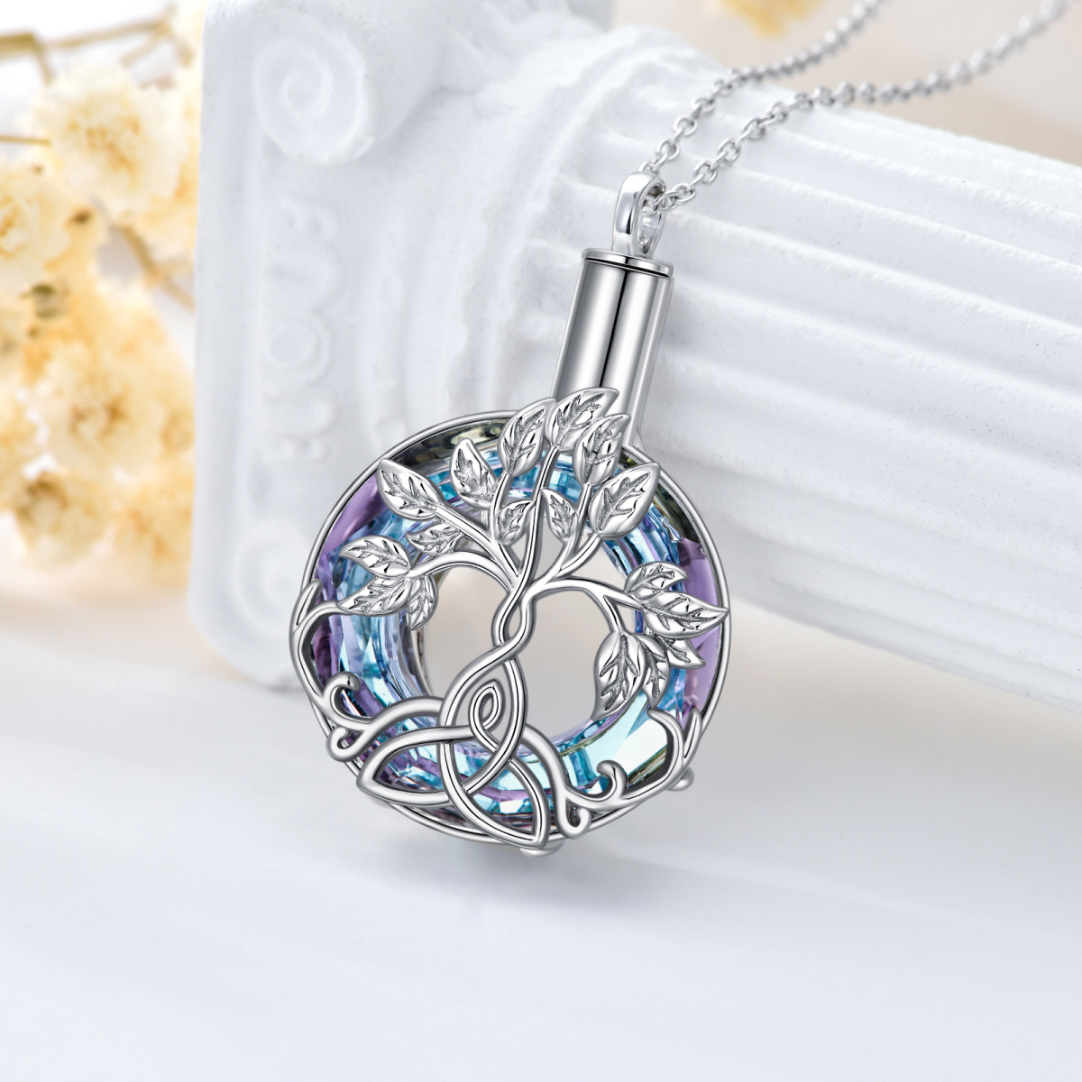 Sterling Silver Heart Shaped Crystal Tree Of Life & Celtic Knot Urn Necklace for Ashes-4