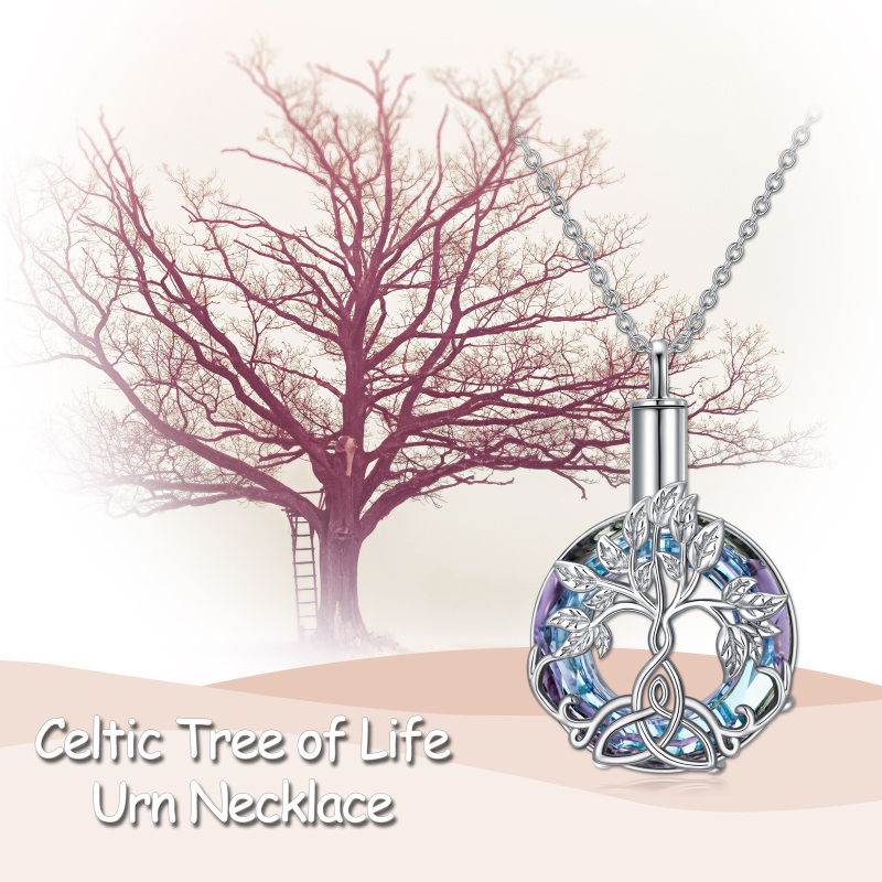 Colar de urna com nó celta em forma de coração e cristal da árvore da vida em prata de lei para cinzas-7