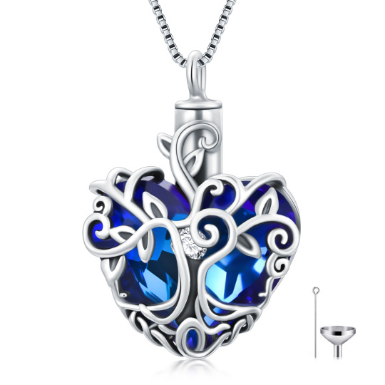 Plata de ley en forma de corazón de cristal Árbol de la Vida Urna Collar para cenizas