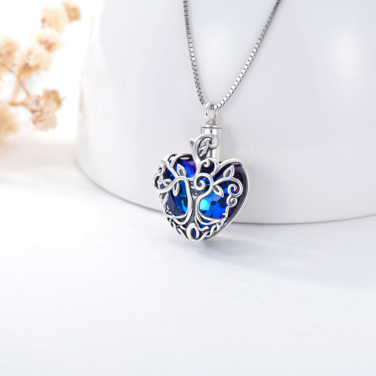 Sterling Silver Heart Shaped Crystal Tree Of Life Urn Necklace for Ashes-5