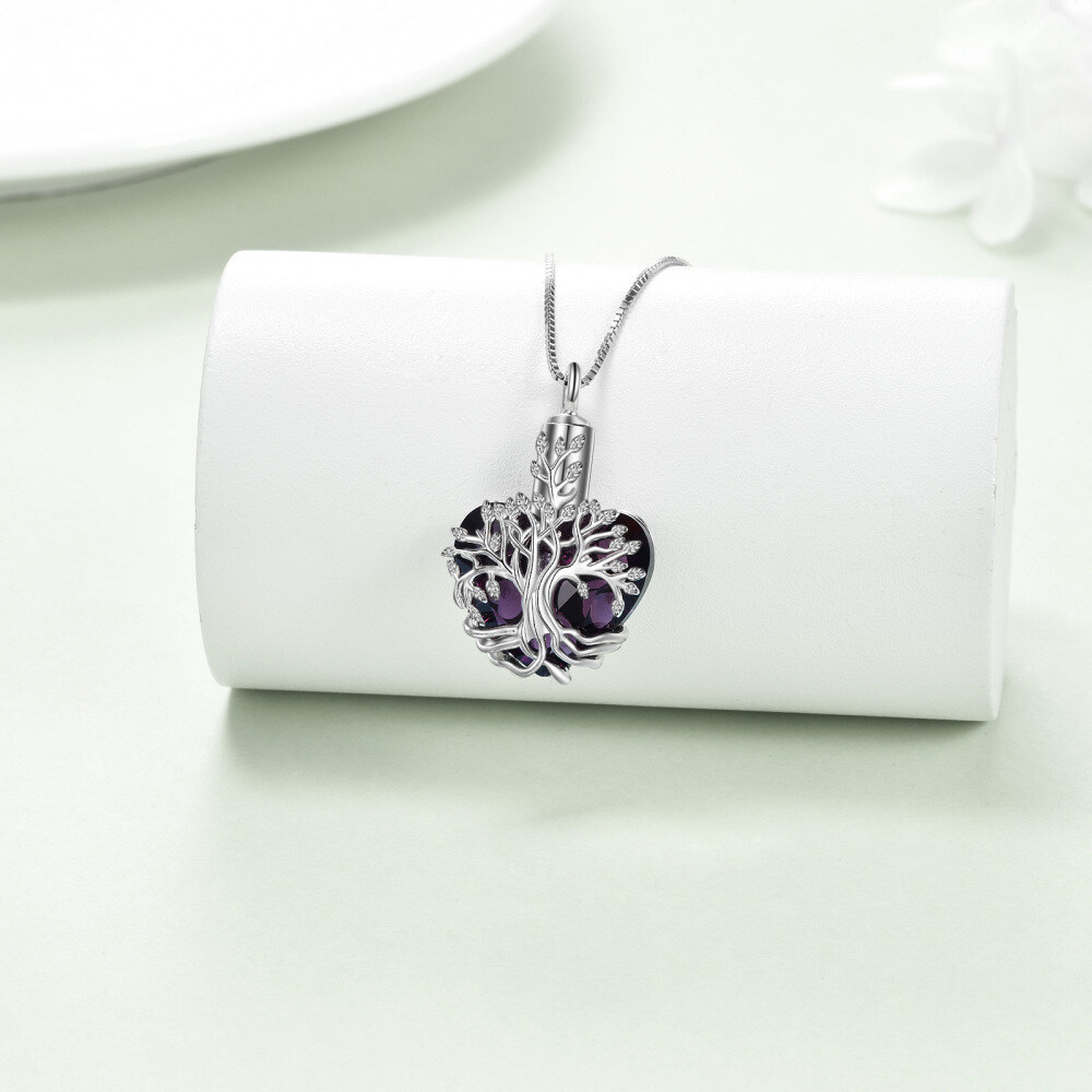 Sterling Silver Heart Shaped Crystal Tree Of Life & Heart Urn Necklace for Ashes-3
