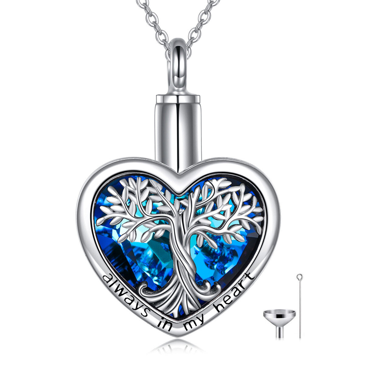 Sterling Silver Heart Shaped Crystal Tree Of Life & Heart Urn Necklace for Ashes with Engraved Word-1