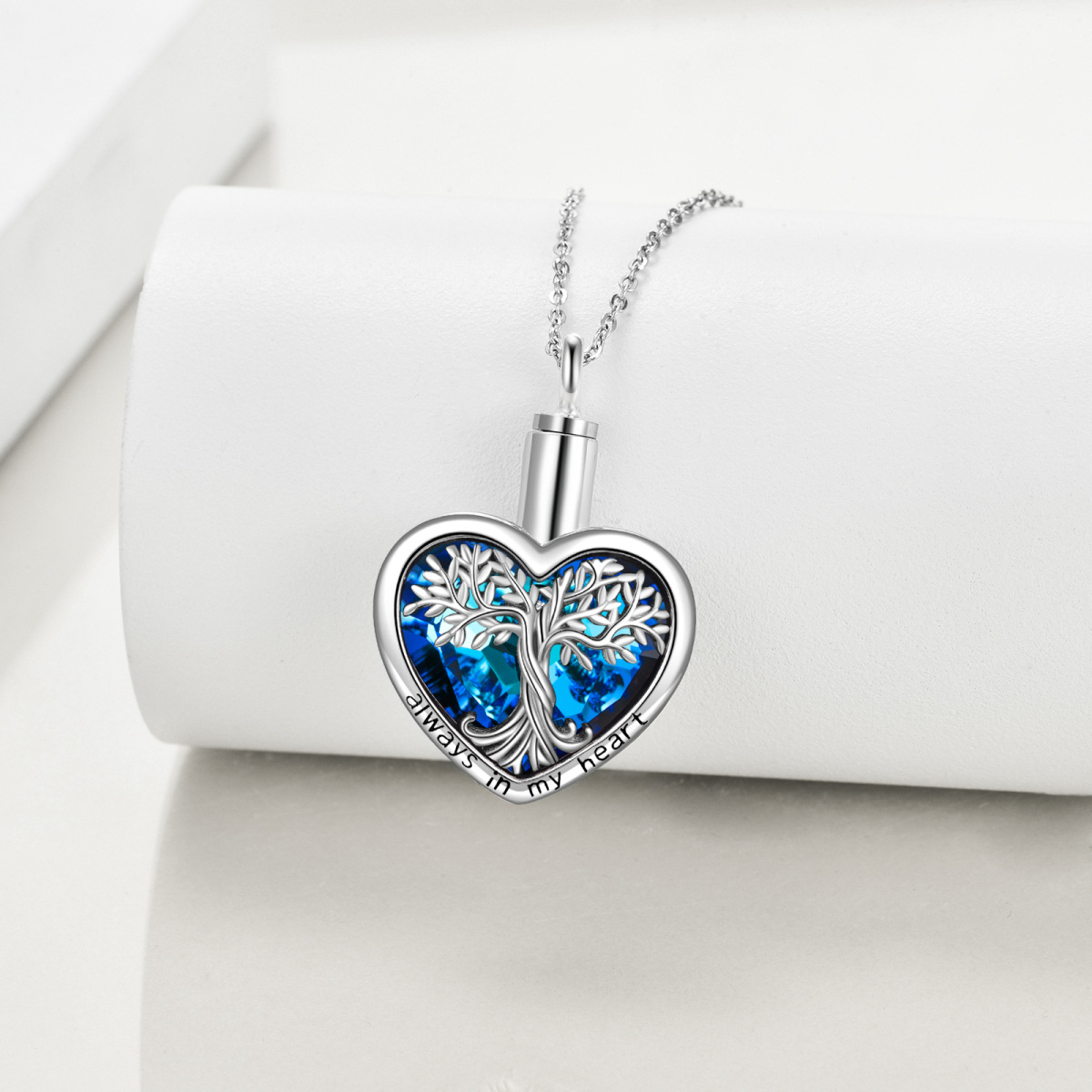 Plata de ley en forma de corazón de cristal Árbol de la Vida y Corazón Urna Collar para ce-3