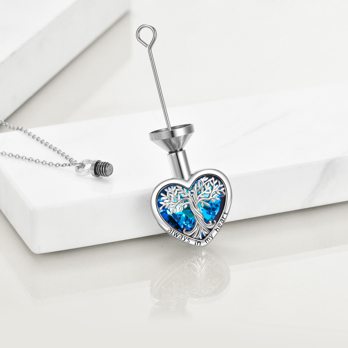 Plata de ley en forma de corazón de cristal Árbol de la Vida y Corazón Urna Collar para ce-4