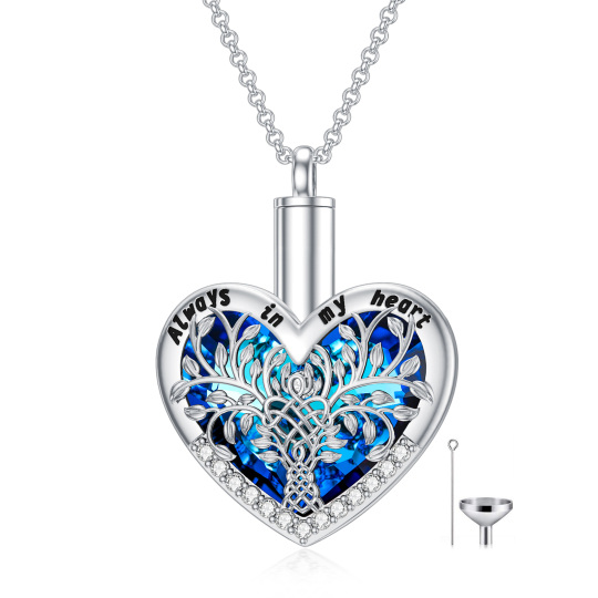 Plata de ley en forma de corazón de cristal Árbol de la Vida Urna Collar para cenizas con cadena de Rolo