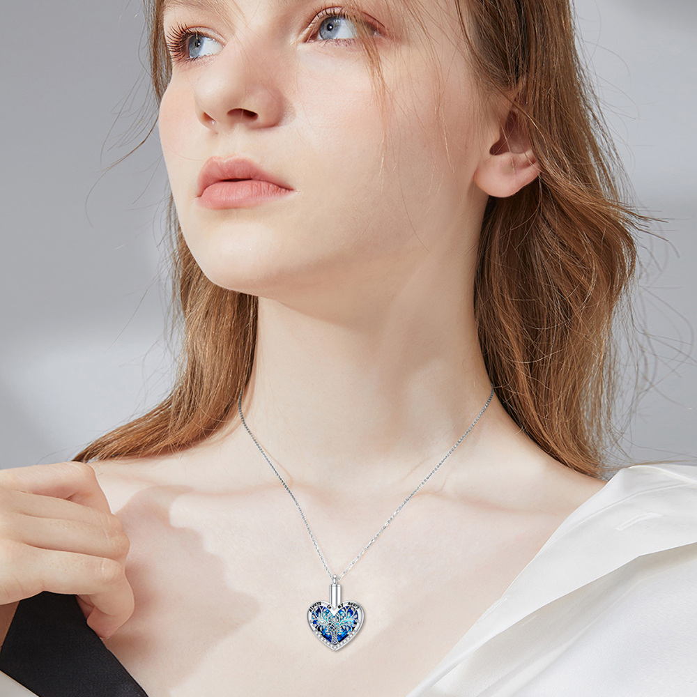 Sterling Silver Heart Shaped Crystal Tree Of Life Urn Necklace for Ashes with Rolo Chain-2