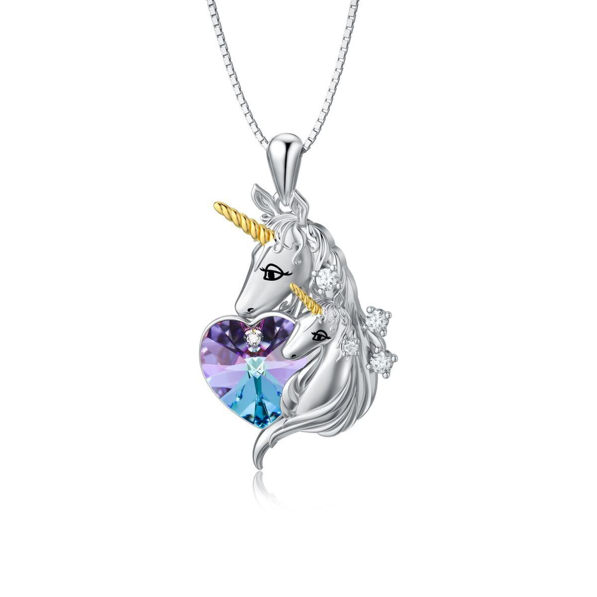 Collar de plata de ley con colgante de unicornio de cristal en forma de corazón-1