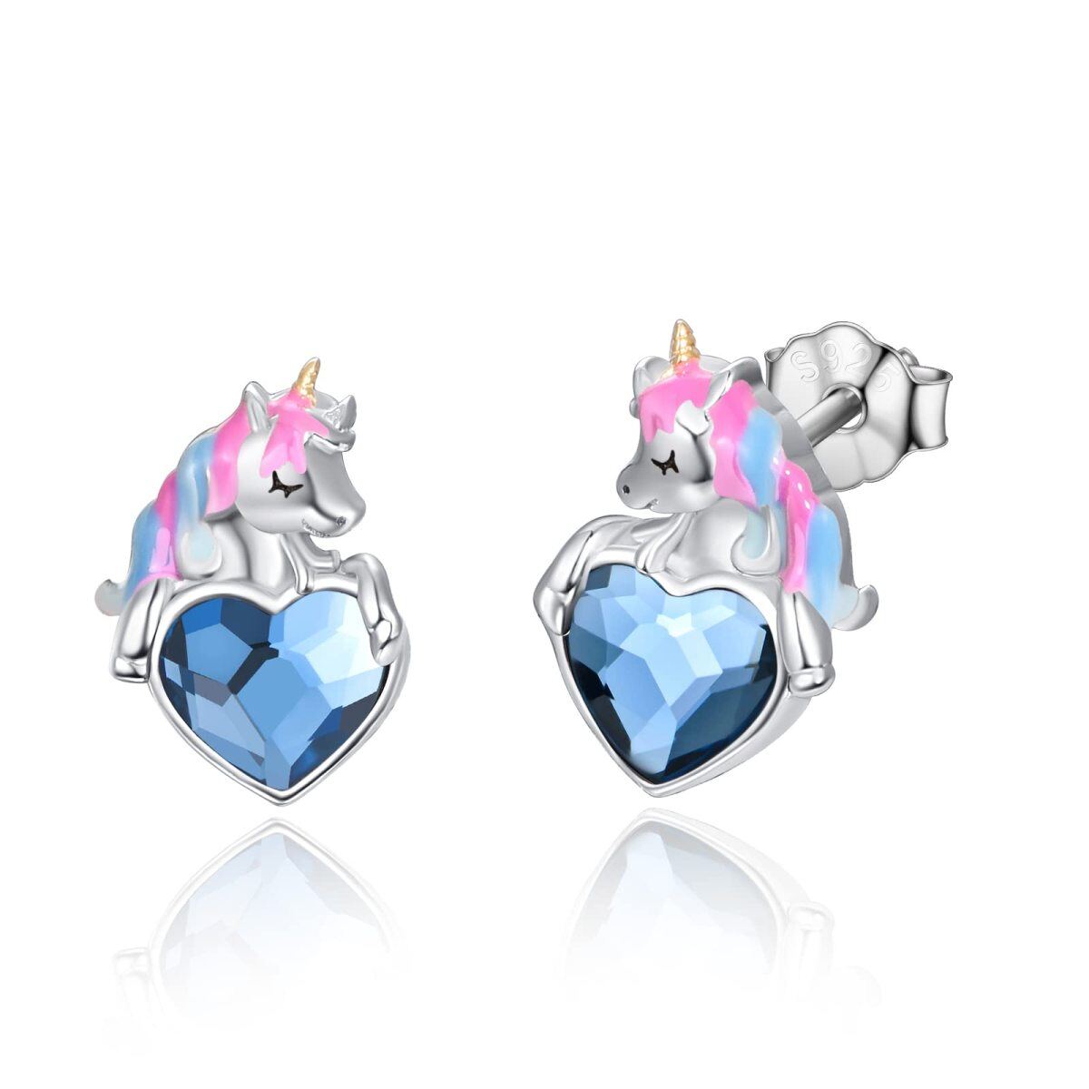 Orecchini a bottone con unicorno di cristallo a forma di cuore in argento sterling-1