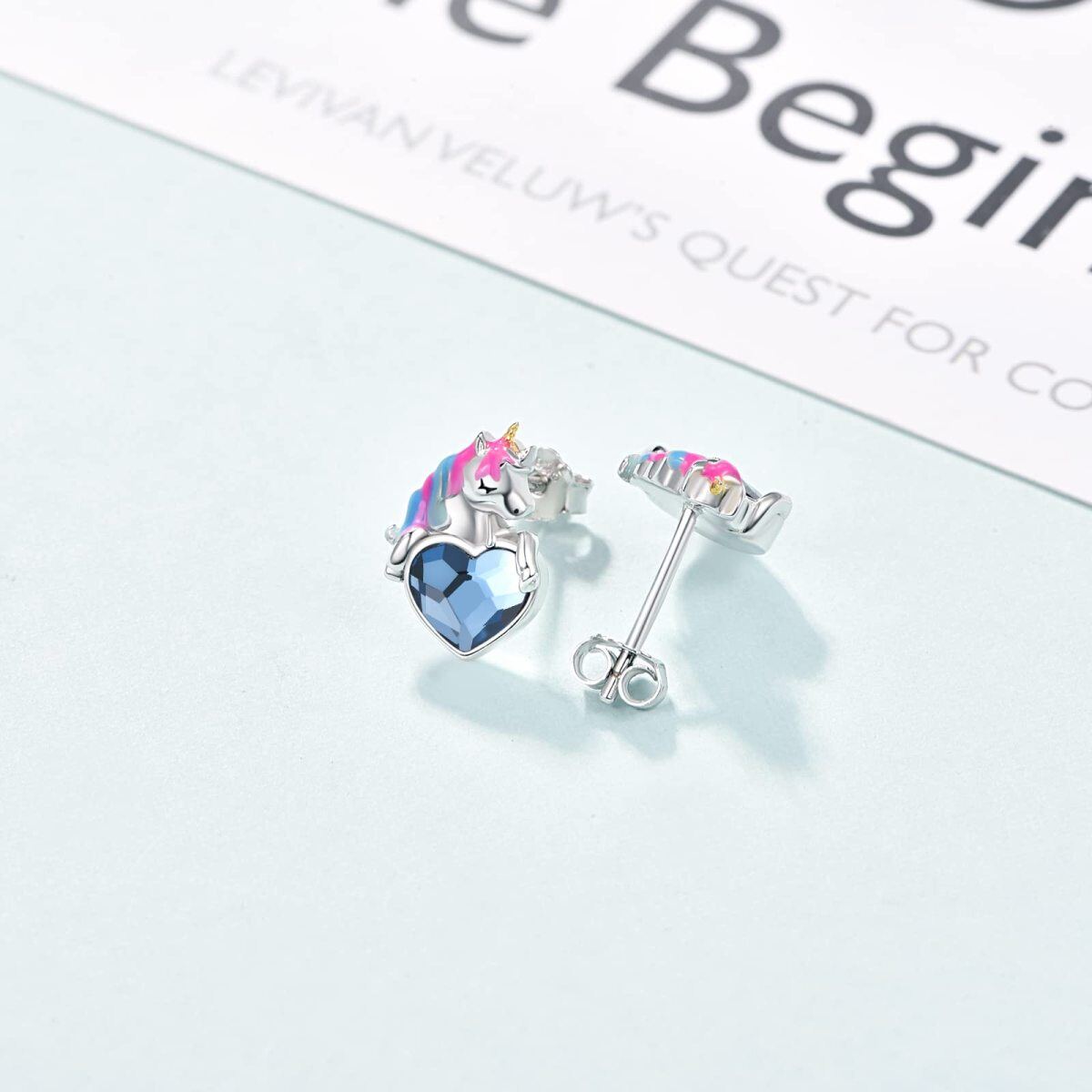 Sterling Silver Heart Shaped Crystal Unicorn Stud Earrings-5