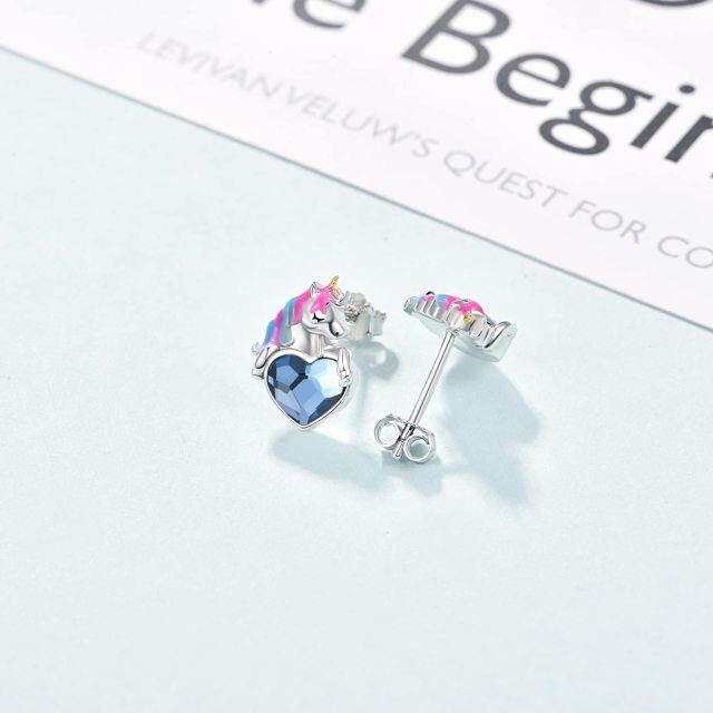 Pendientes de plata de ley con forma de corazón de unicornio de cristal-5