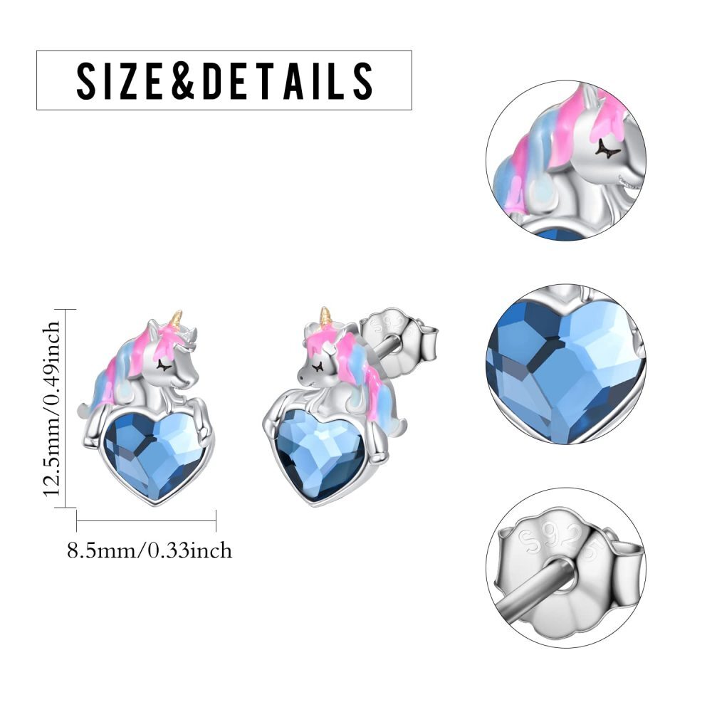 Pendientes de plata de ley con forma de corazón de unicornio de cristal-6