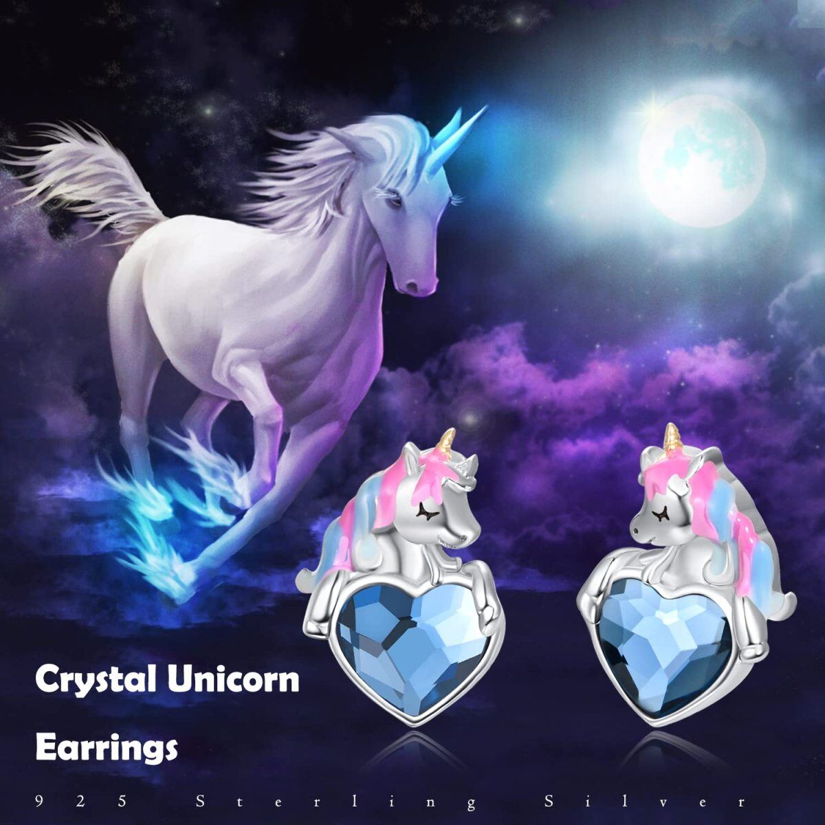 Sterling Silver Heart Shaped Crystal Unicorn Stud Earrings-7