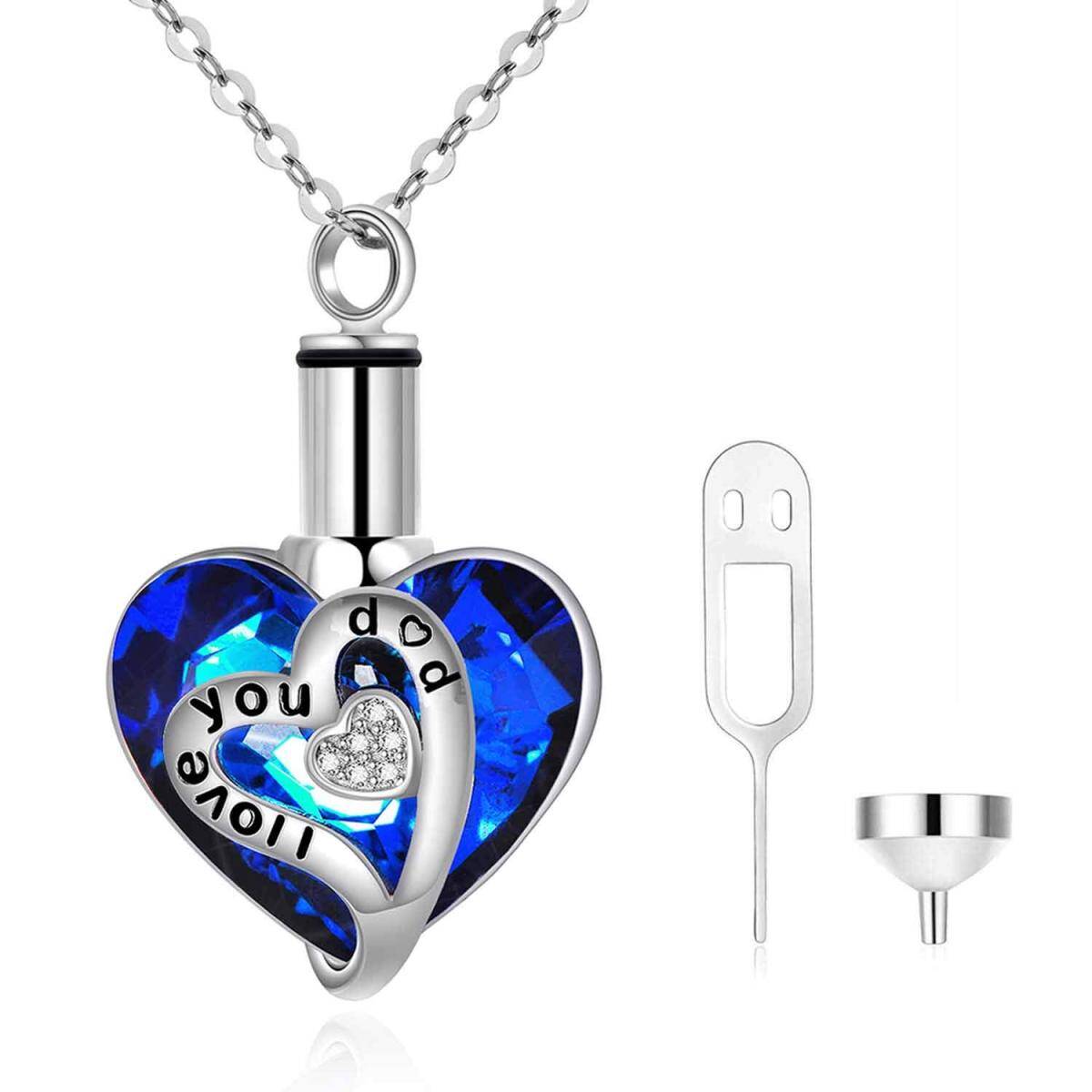 Sterling Silver Heart Shaped Crystal Heart Urn Necklace for Ashes with Engraved Word-1