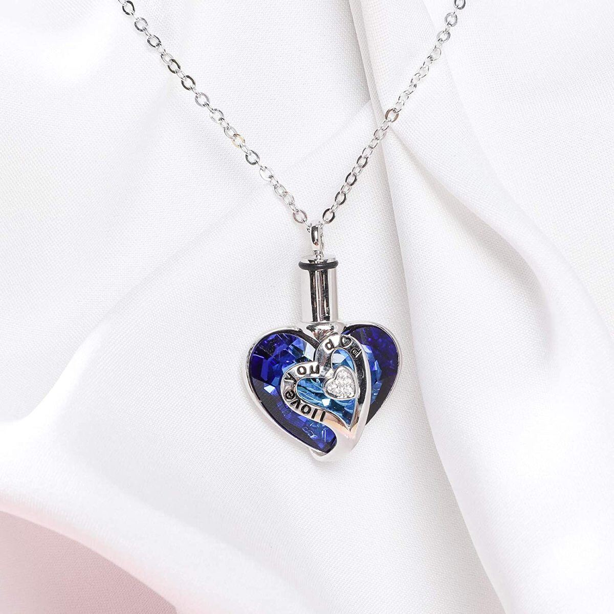 Collar urna para cenizas de plata de ley en forma de corazón de cristal con palabra grabad-3