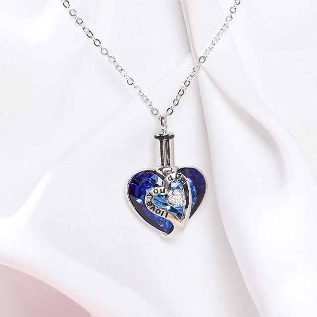 Sterling Silver Heart Shaped Crystal Heart Urn Necklace for Ashes with Engraved Word-3